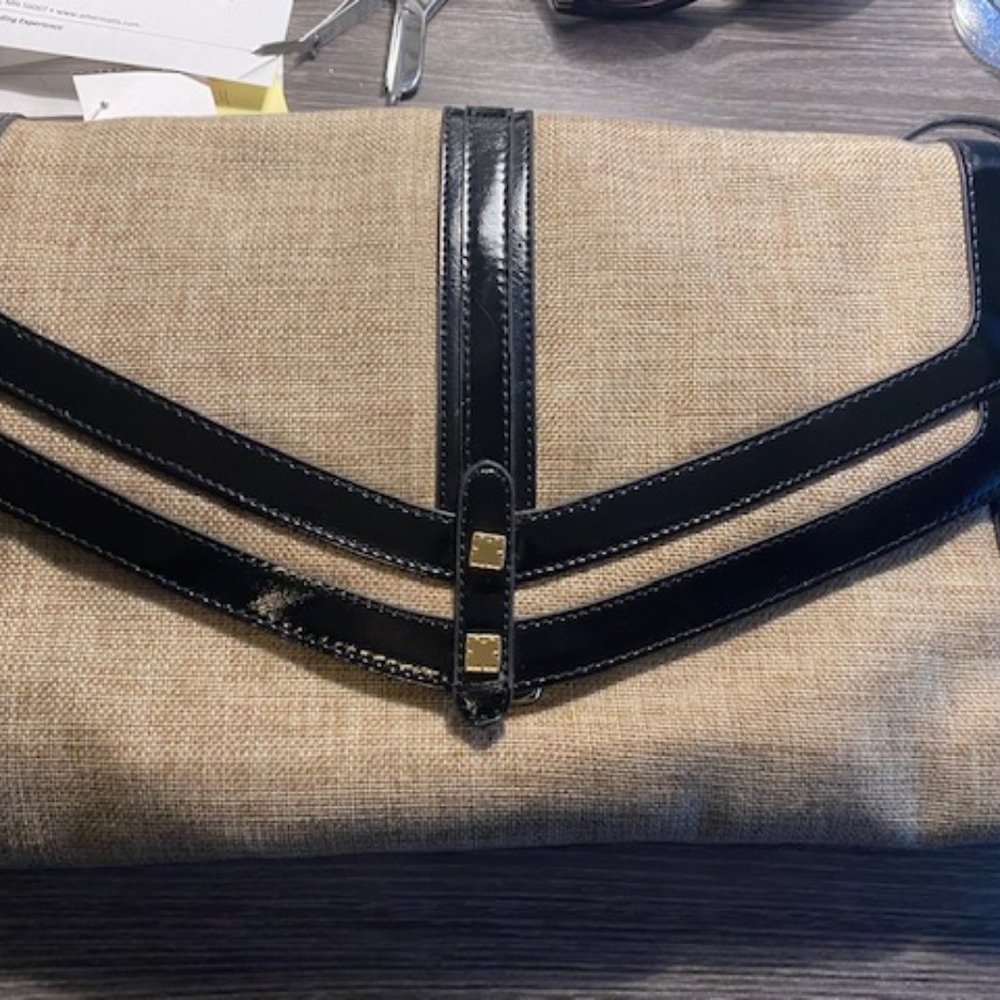 Vintage Liz Claiborne Tan/Beige Linen Black Clutch/crossbody/handbag